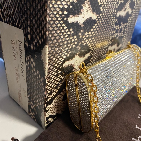 Judith Leiber Miniaudière Evening Purse Handbag Gold w Silver Rhinestones unworn - Picture 12 of 15